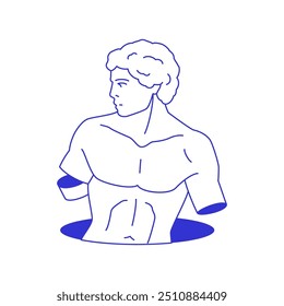 Y2k Antiguo dios griego escultura cuerpo sección en agujero línea psicodélica icono Vector ilustración plana. Histórico hombre torso cómico funky monumento estética contemporánea arte pop azul sketch camiseta impresión