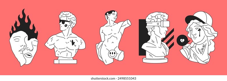 Y2k antique Greek statues busts surreal monuments pop art vector illustrations set. Psychedelic neo gothic fashion god goddess sculptures contemporary elements for stickers, prints and t-shirt designs