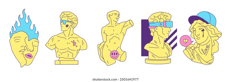 Y2k antique Greek statues busts surreal monuments pop art vector illustrations set. Psychedelic neo gothic fashion god goddess sculptures contemporary elements for stickers, prints and t-shirt designs