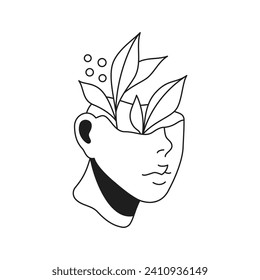 Y2k antique man head sculpture vase with floral branch monochrome line retro groovy icon vector illustration. Ancient male bust statue monument with plant minimal trendy sticker simple t shirt print