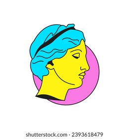 Y2k antique sculpture head with moon psychedelic trendy groovy style icon vector flat illustration. Classic ancient art statue monument portrait Greek mythology cartoon character for t shirt print