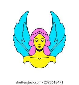 Y2k antique winged woman goddess portrait trendy groovy style icon vector flat illustration. Ancient mythology female spiritual magic cartoon character psychedelic contoured t shirt print