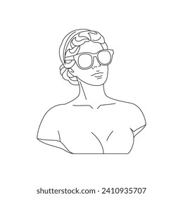 Y2k antique woman goddess bust in fashion sunglasses monochrome line retro groovy icon vector illustration. Ancient female statue monument sculpture in summer eyeglasses weird classic art sticker