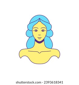 La diosa de la mujer antigua Y2k retrata el personaje clásico de dibujos animados de belleza groovy estilo icono vectorial ilustración plana. Escultura del monumento del busto femenino antiguo pegatina de moda para la impresión de camisetas