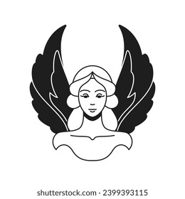 Y2k antique woman goddess with wings portrait surreal cartoon character monochrome line retro groovy icon vector illustration. Ancient beautiful winged female minimal sticker for t shirt print