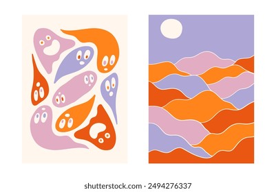 Y2K Artistic Vintage Background Design Set Explore trendy shapes abstract illustrations groovy vector art modern pastel portraits and more in a stunning aesthetic collection