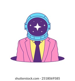 Y2k astronauta hombre de negocios en agujero psicodélico icono de arte pop contemporáneo ilustración plana de Vector. Cosmonauta cómico en casco con traje de corbata de negocios surrealista funky estampado de camiseta de verano