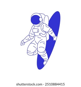 Y2k astronaut going out from hole space explore comic blue line icon vector flat illustration. Cosmonaut in spacesuit at abstract universe galaxy travel contemporary pop art minimal funky sketch