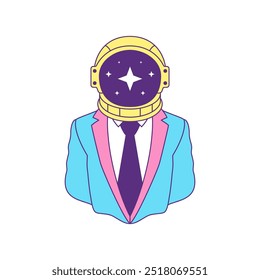 Y2k astronaut helmet business man in tie suit contemporary pop art contoured icon vector flat illustration. Comic science fiction cosmonaut businessman fashion portrait leadership funky t shirt print