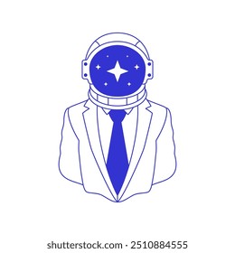 Y2k astronaut helmet businessman in suit contemporary pop art blue sketch line icon vector flat illustration. Psychedelic cosmonaut space travel galaxy explore business man comic portrait pen ink