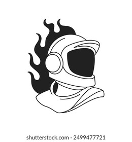 Y2k astronaut helmet spacesuit with burning flame gothic tattoo outline icon vector flat illustration. Cosmonaut galaxy travel universe exploration futuristic science fiction monochrome t shirt print