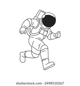 Y2k astronauta en traje espacial de casco huyendo de la ilustración plana del Vector del icono del contorno del cómic. Cosmonauta galaxia universo viaje psicodélica ciencia ficción futuro cibernético futurista personaje emblema