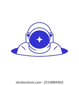 Y2k astronaut in helmet with star portrait at hole contemporary pop art line icon vector flat illustration. Comic cosmonaut in spacesuit universe explore galaxy travel psychedelic blue sketch