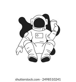 Y2k astronaut in outer space drinking cappuccino coffee psychedelic outline icon vector flat illustration. Cosmonaut relaxing universe galaxy travel exploration morning caffeine beverage comic emblem