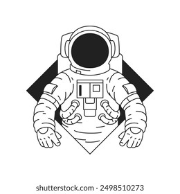 Y2k astronauta en el agujero del rombo monocromo groovy geométrico logotipo de contorno icono de Vector ilustración plana. Cosmonauta en casco y traje espacial retrato marco angular ciencia ficción cibertecnología emblema