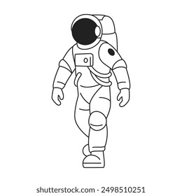 Astronauta Y2k en traje espacial yendo al espacio exterior Ilustración plana de Vector de icono de contorno de cómic. Cosmonauta futurista en casco caminando universo galaxia viaje exploración monocromo mínimo contorno emblema