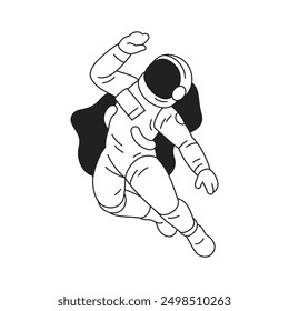 Y2k astronaut in spacesuit and helmet floating at open space outline artwork icon vector flat illustration. Cosmonaut universe exploration science fiction hi tech contemporary pop art tattoo