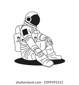 Y2k astronaut in spacesuit and helmet sitting monochrome line retro groovy icon vector illustration. Cosmonaut galaxy universe interstellar travel cosmic exploration minimal sticker for t shirt print