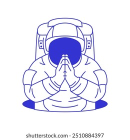 Y2k astronaut in spacesuit praying at hole contemporary pop art line icon vector flat illustration. Comic cosmonaut in helmet prayer asking help religious faith spiritual connected hands blue sketch