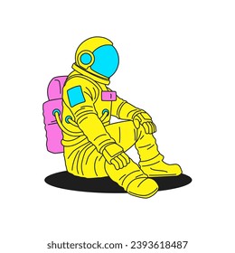 Y2k astronaut in yellow spacesuit and helmet with pink backpack groovy icon vector flat illustration. Space exploring futuristic cosmonaut universe astronomy science sticker for t shirt print