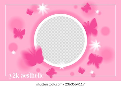 y2k aura aesthetic background. Hot Pink butterflies on pink background. Soft pastel girly graphic illustration with 2000s vibe. Can be used as frame. Stock vector illustration with abstract modern ele