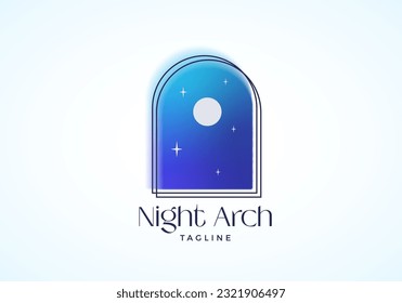 Y2K Aura Blurry Night Arch Window Abstract Vector Logo Template. Distressed Portal Door Concept Sign. Trendy Holographic Gradient Emblem with Moon and Stars. Isolated