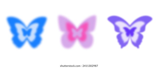 Y2k aura butterfly. Blurred gradient sticker. Holographic aesthetic groovy elements on white background. Soft neon retro figures. Vector collection