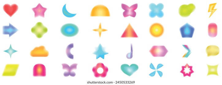 Y2k aura icons set cartoon vector. Abstract blur. Daisy flower shapes