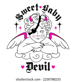 Y2K Baby devil angel. Silhouette aesthetic print with fun weird character with slogan surrounding by hearts and stars. Vintage black and white isolated sticker. Weird graphic, 90s, 00s love aesthetic.