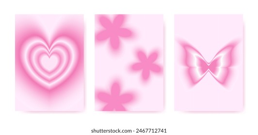 Y2K background with blurry shapes. Heart, flower, butterfly pink gradient elements 2000s style. Trendy templates for posters, cards and covers.
