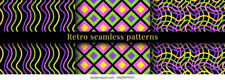 Y2k background. Rave psychedelic set seamless pattern. A collection of bright, abstract, neon graphics in 90s, 2000s style pattern with geometric backgrounds. Vector graphics.
