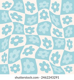 Y2K background, retro abstract flowers on distorted chessboard. Aesthetics of the 90s, style of the 2000s.