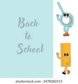 y2k background with school characters in retro 00s, 80s style. Can used for back to school banner or poster for social network. School supplies or stationery for children - cute cartoon characters.