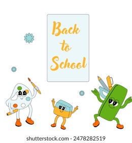 Y2K-Hintergrund mit Schulfiguren im Retro 00er, 80er Stil. Kann für Back-to-School-Banner oder Poster für soziale Netzwerke verwendet werden. Schulbedarf oder Schreibwaren für Kinder - niedliche Comic-Figuren.