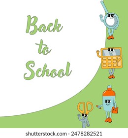 y2k background with school characters in retro 00s, 80s style. Can used for back to school banner or poster for social network. School supplies or stationery for children - cute cartoon characters.