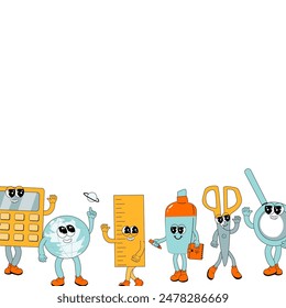 y2k background with school characters in retro 00s, 80s style. Can used for back to school banner or poster for social network. School supplies or stationery for children - cute cartoon characters.