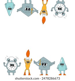 y2k background with school characters in retro 00s, 80s style. Can used for back to school banner or poster for social network. School supplies or stationery for children - cute cartoon characters.