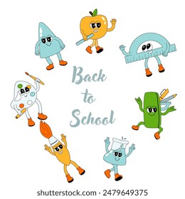 y2k background with school characters in retro 00s, 80s style. Back to school square banner or poster. School supplies or stationery for children - cute characters banner.