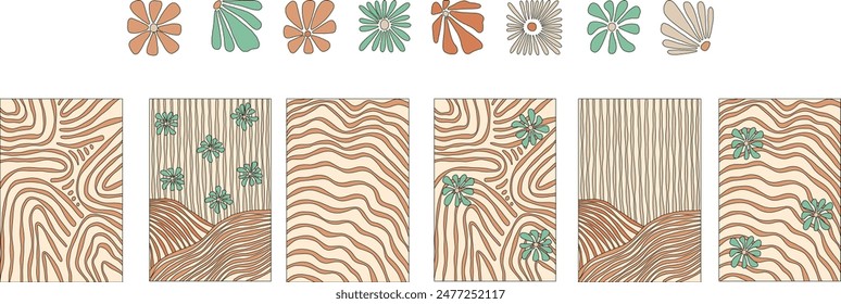Y2k background. Set of hippie backgrounds with flowers. Background with waves and lines. Twisted and distorted vector texture in trendy retro style. Y2k aesthetic