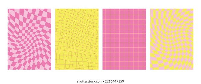 Y2k background. Trendy retro psychedelic style. Checkerboard, grid, waves, swirl, swirling pattern. Twisted and distorted vector texture.