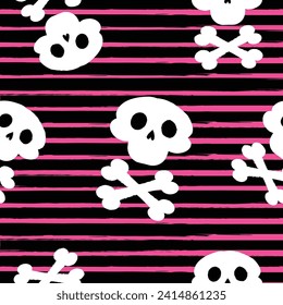Y2k background with white skulls . Vector background in trendy retro trippy 2000s style.Pink and black.Paintbrush.Crossbones.Gothic.Striped background.