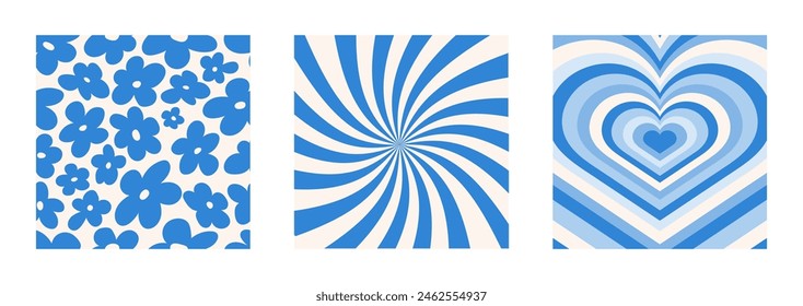 Y2k backgrounds are blue. Flowers, heart, swirls, swirling pattern. Twisted and distorted texture in a trendy retro style of the 2000s.