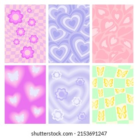 Y2k backgrounds. Groove backdrop with flowers, butterflies and hearts. Psychedelic wavy mesh grid and 90s wallpapers vector set. Funky design with geometric curly shapes in pastel colors