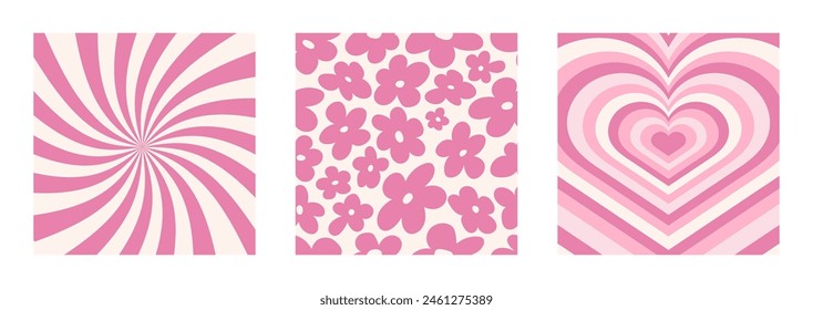 Y2k backgrounds are pink. Flowers, heart, swirls, swirling pattern. Twisted and distorted texture in a trendy retro style of the 2000s.