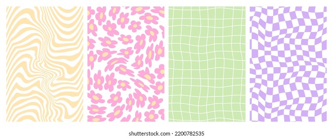 Y2k backgrounds. Waves, swirl, twirl pattern. Vector posters with daisy, chessboard, mesh. Twisted and distorted texture in trendy retro 2000s style. Lilac, pink and green color.