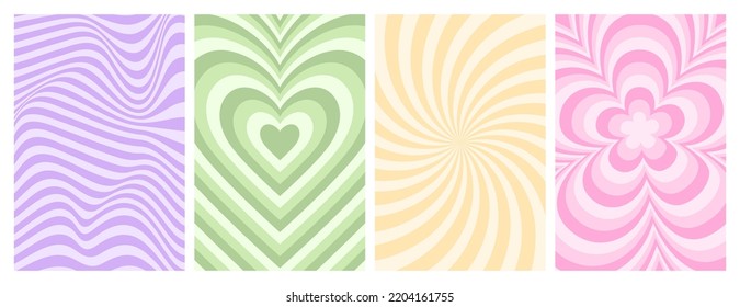 Y2k backgrounds. Waves, swirl, twirl pattern. Vector posters with daisy, flower, heart, lines. Twisted and distorted texture in trendy retro 2000s style. Lilac, pink and green color.