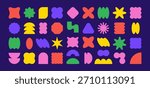 Y2k Badge Shape Kit. Abstract Geometric Figure Labels on Dark Bg. Retro pop art badge collection featuring triangles, bursts, and floral elements. Flat vector labels ideal for logos, packaging.