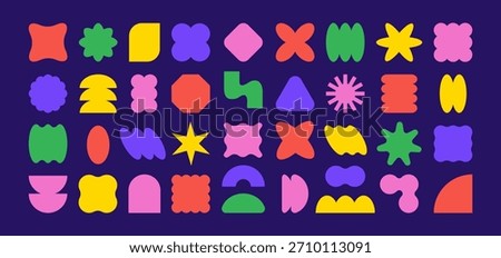 Y2k Badge Shape Kit. Abstract Geometric Figure Labels on Dark Bg. Retro pop art badge collection featuring triangles, bursts, and floral elements. Flat vector labels ideal for logos, packaging.