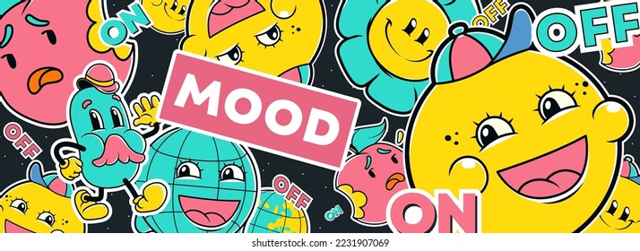 Y2k banner, mood on off concept with funny characters yellow emoji face, flower, apple and Earth globe smile and feel positive or sad emotions. Cartoon retro vector background in trendy style