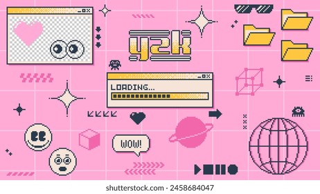 Y2k banner, vector computer pc desktop with interface windows, folders, icons and loading bar. Pink background in retro old 2000s style aesthetic emoji, speech bubbles, stars and planets on screen